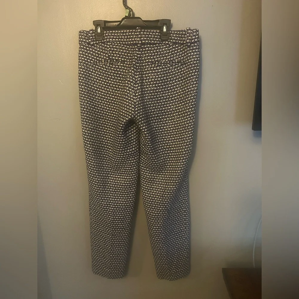 J. Crew pants - “Cafe Capri” silk/cotton blend black/white/royal blue tweed